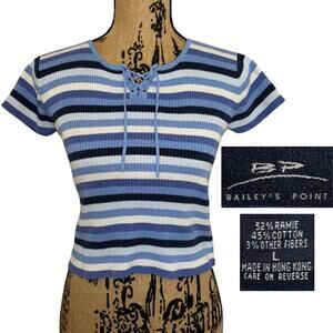 Vintage Baileys Point Striped Lace Up Short Sleeve Knit Crop Top Blue Size Large